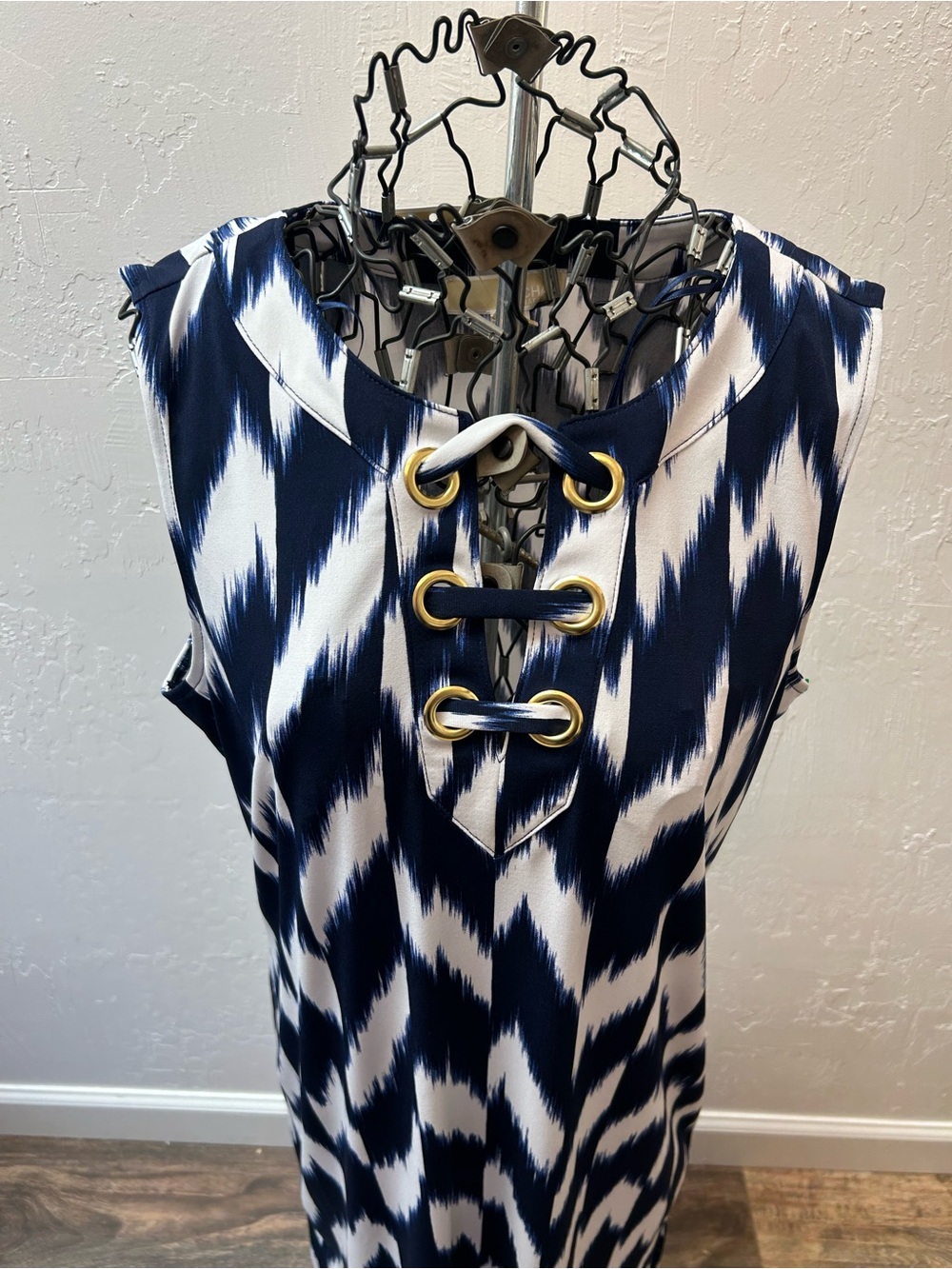 NWT Michael Michael Kors Navy White Ikat Sheath Dress Women’s Medium - Picture 2 of 5
